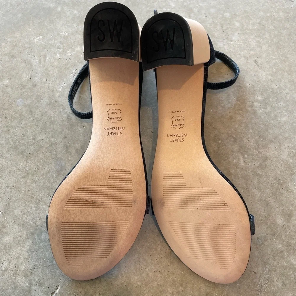 Stuart Weitzman Denim Ankle Strap Block Heel Sandals 9.5 Made in Spain